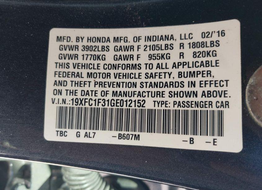 Photo 9 of 2016 Honda Civic EX-T (VIN 19XFC1F31GE012152)