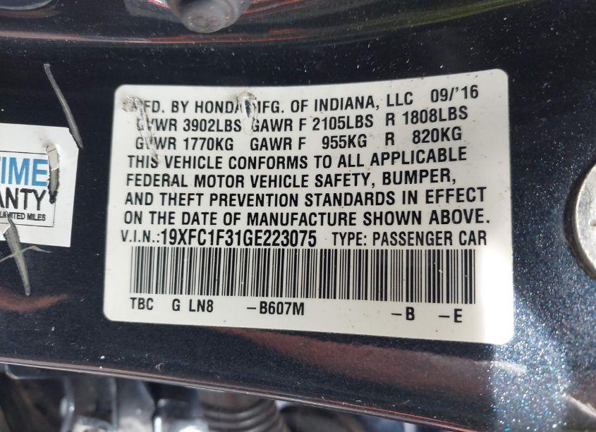 Photo 9 of 2016 Honda Civic EX-T (VIN 19XFC1F31GE223075)