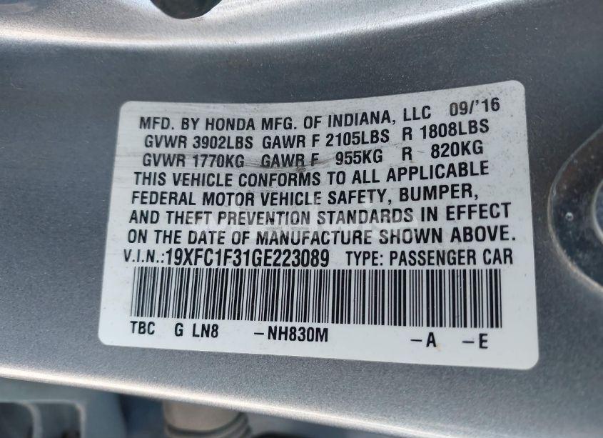 Photo 9 of 2016 Honda Civic EX-T (VIN 19XFC1F31GE223089)