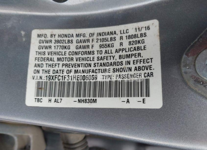 Photo 9 of 2017 Honda Civic EX-T (VIN 19XFC1F31HE006059)