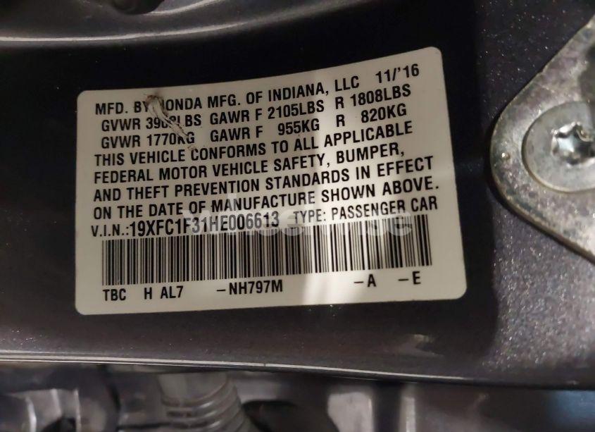 Photo 9 of 2017 Honda Civic EX-T (VIN 19XFC1F31HE006613)