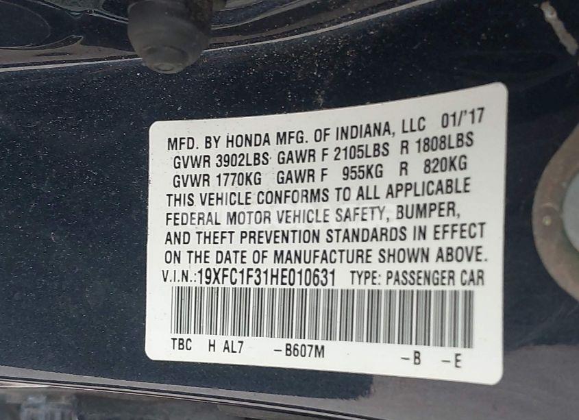 Photo 9 of 2017 Honda Civic EX-T (VIN 19XFC1F31HE010631)