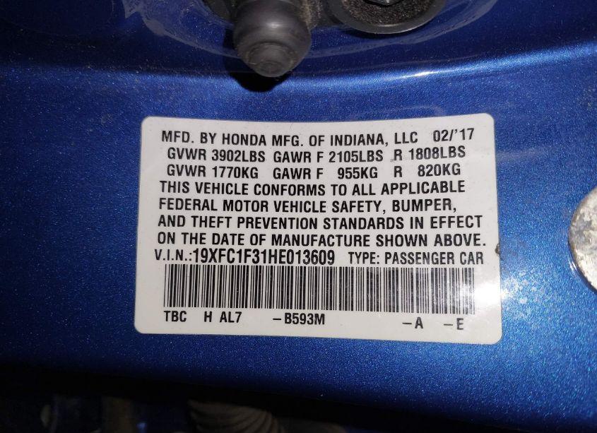 Photo 9 of 2017 Honda Civic EX-T (VIN 19XFC1F31HE013609)