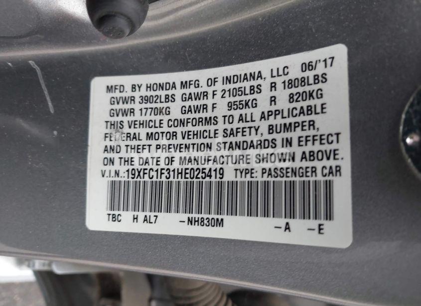 Photo 9 of 2017 Honda Civic EX-T (VIN 19XFC1F31HE025419)