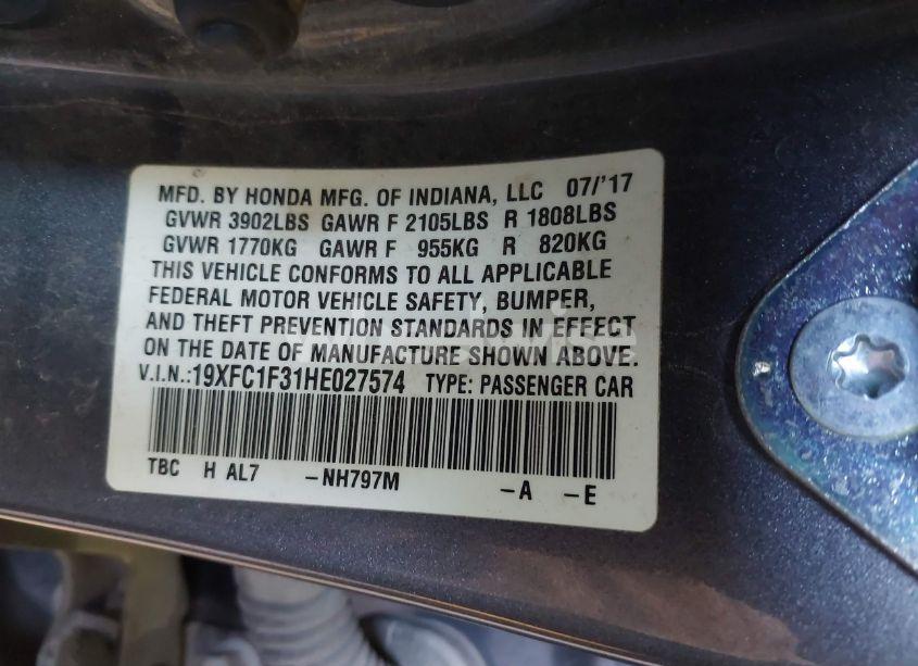 Photo 9 of 2017 Honda Civic EX-T (VIN 19XFC1F31HE027574)