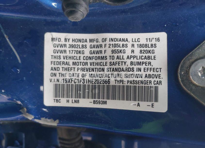 Photo 9 of 2017 Honda Civic EX-T (VIN 19XFC1F31HE202566)