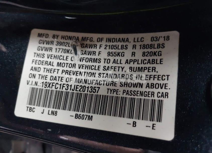 Photo 9 of 2018 Honda Civic EX-T (VIN 19XFC1F31JE201357)