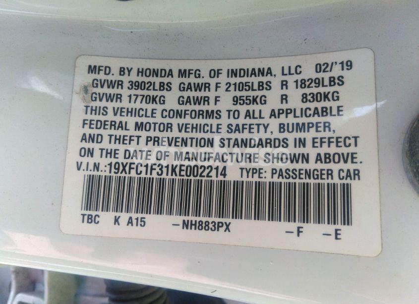 Photo 9 of 2019 Honda Civic EX (VIN 19XFC1F31KE002214)