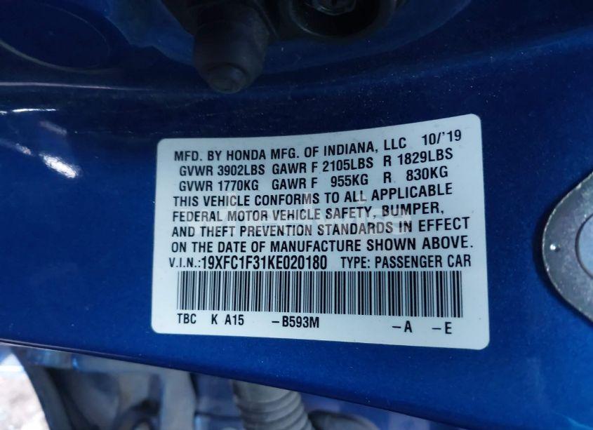 Photo 9 of 2019 Honda Civic EX (VIN 19XFC1F31KE020180)