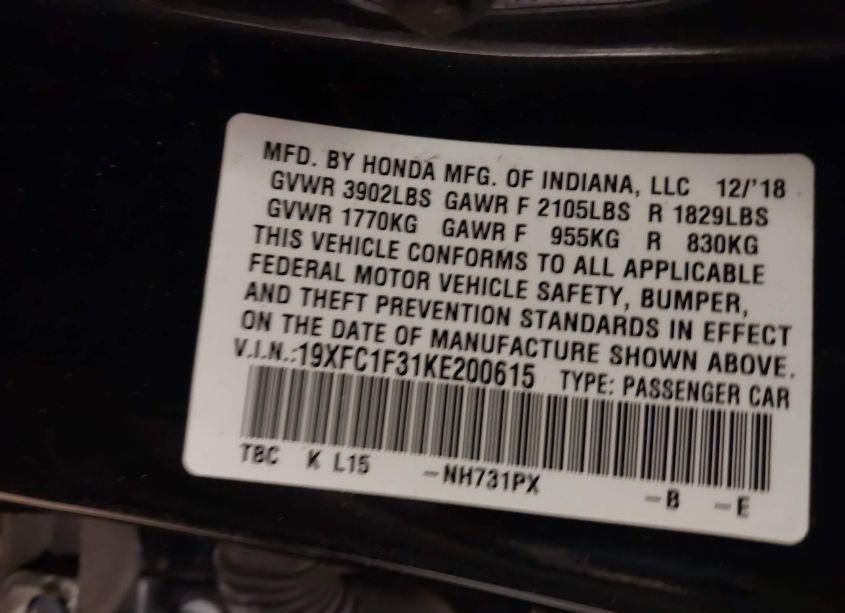 Photo 9 of 2019 Honda Civic EX (VIN 19XFC1F31KE200615)