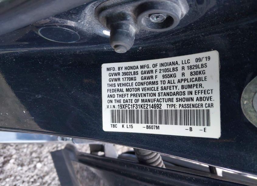 Photo 9 of 2019 Honda Civic EX (VIN 19XFC1F31KE214692)