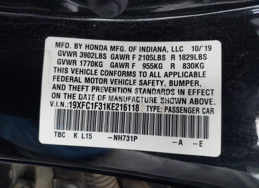 Photo 9 of 2019 Honda Civic EX (VIN 19XFC1F31KE216118)