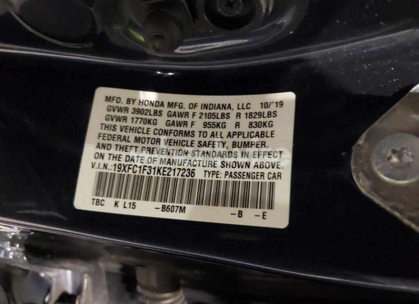 Photo 9 of 2019 Honda Civic EX (VIN 19XFC1F31KE217236)