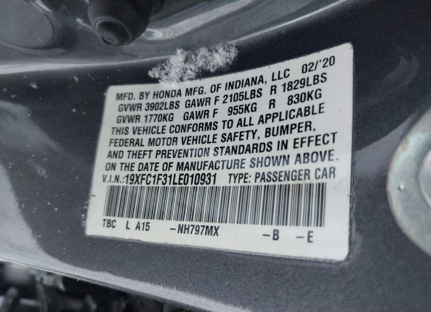 Photo 9 of 2020 Honda Civic EX (VIN 19XFC1F31LE010931)
