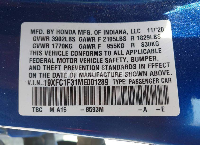 Photo 9 of 2021 Honda Civic EX (VIN 19XFC1F31ME001289)