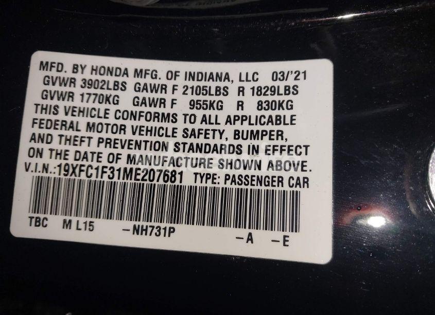 Photo 9 of 2021 Honda Civic EX (VIN 19XFC1F31ME207681)