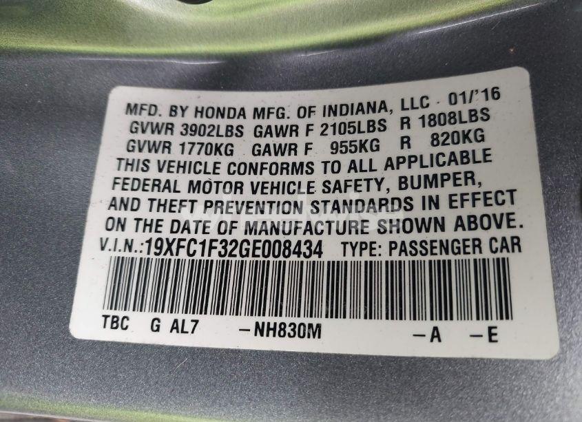 Photo 9 of 2016 Honda Civic EX-T (VIN 19XFC1F32GE008434)