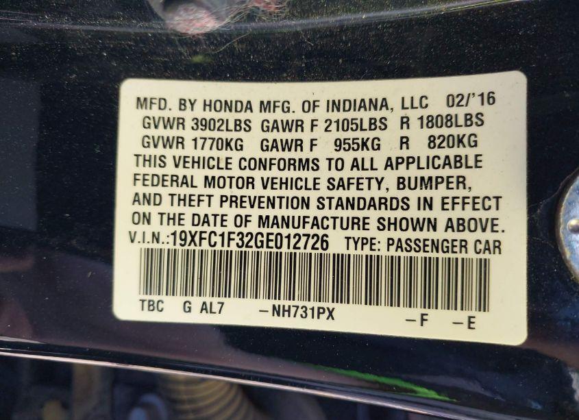 Photo 9 of 2016 Honda Civic EX-T (VIN 19XFC1F32GE012726)