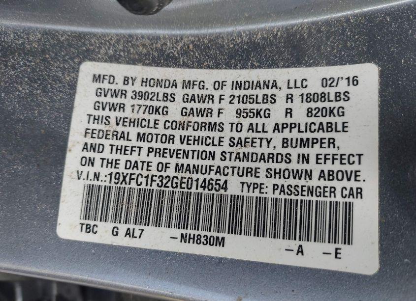 Photo 9 of 2016 Honda Civic EX-T (VIN 19XFC1F32GE014654)