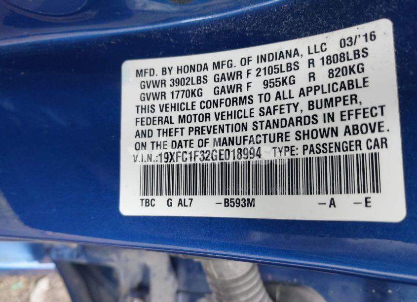 Photo 9 of 2016 Honda Civic EX-T (VIN 19XFC1F32GE018994)