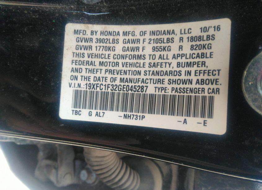 Photo 9 of 2016 Honda Civic EX-T (VIN 19XFC1F32GE045287)