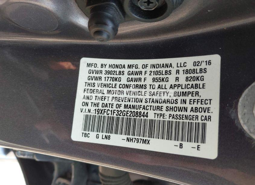 Photo 9 of 2016 Honda Civic EX-T (VIN 19XFC1F32GE208844)