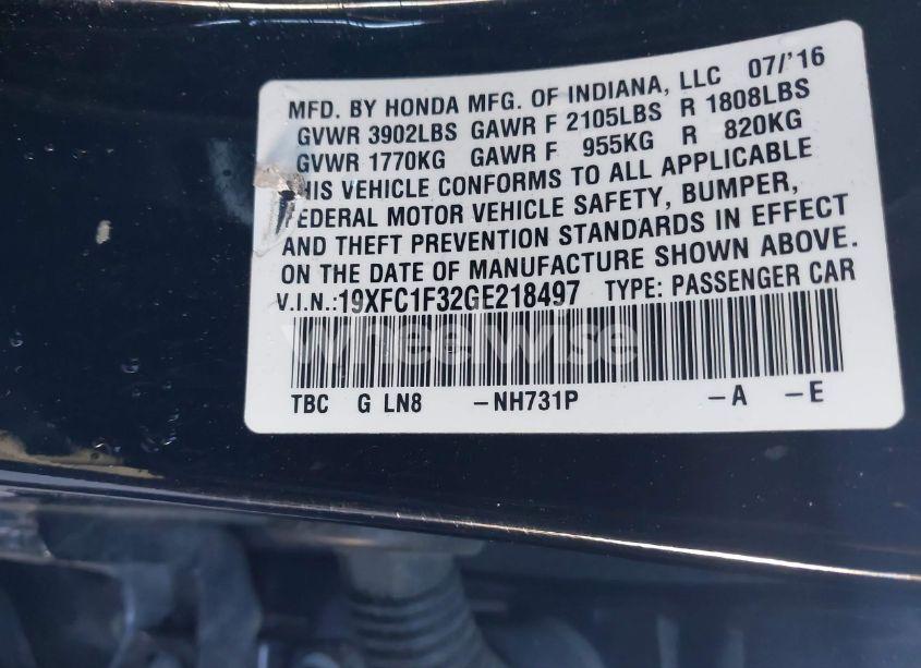 Photo 9 of 2016 Honda Civic EX-T (VIN 19XFC1F32GE218497)