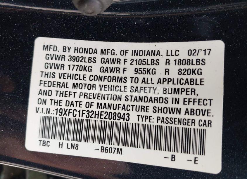 Photo 9 of 2017 Honda Civic EX-T (VIN 19XFC1F32HE208943)