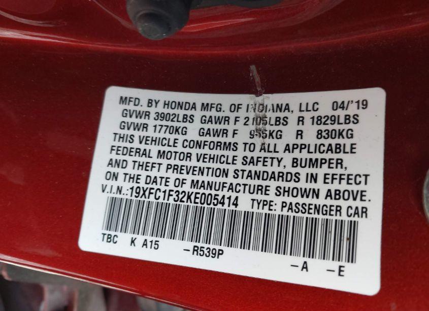 Photo 9 of 2019 Honda Civic EX (VIN 19XFC1F32KE005414)