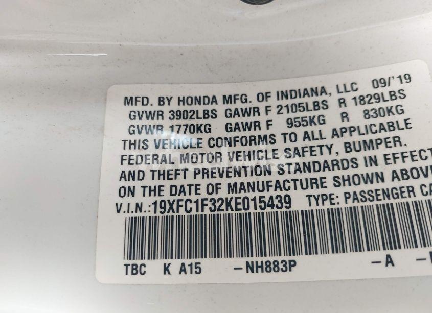 Photo 9 of 2019 Honda Civic EX (VIN 19XFC1F32KE015439)