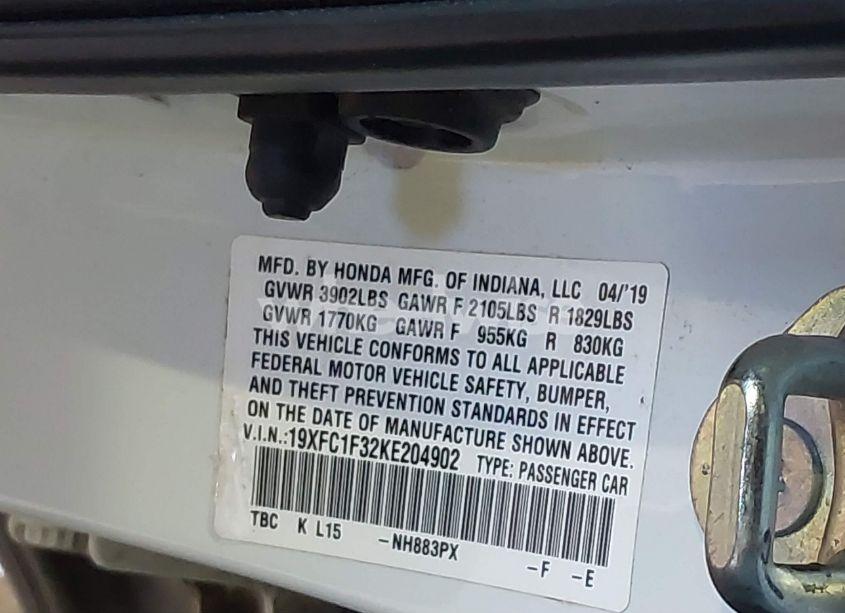 Photo 9 of 2019 Honda Civic EX (VIN 19XFC1F32KE204902)