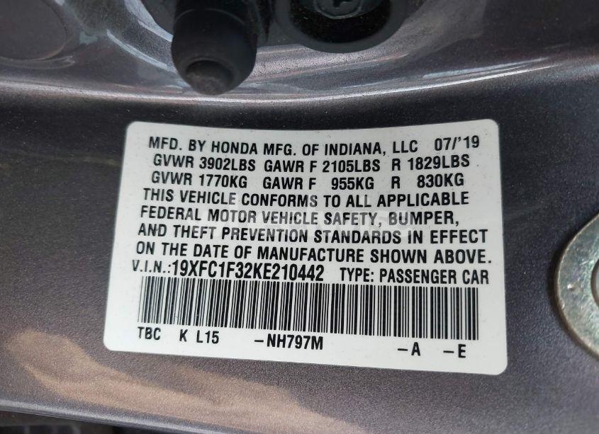 Photo 9 of 2019 Honda Civic EX (VIN 19XFC1F32KE210442)