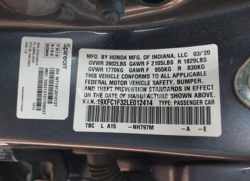 Photo 9 of 2020 Honda Civic EX (VIN 19XFC1F32LE012414)