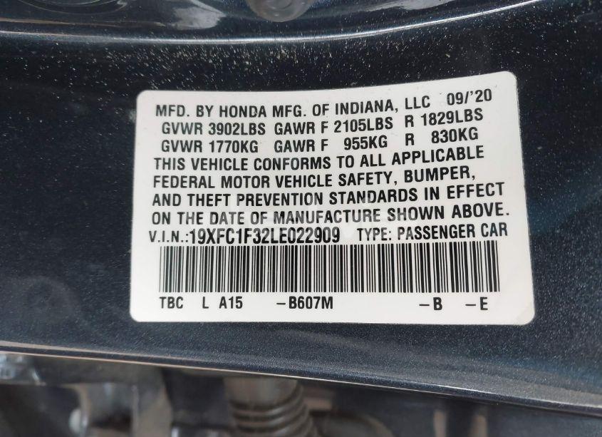 Photo 9 of 2020 Honda Civic EX (VIN 19XFC1F32LE022909)