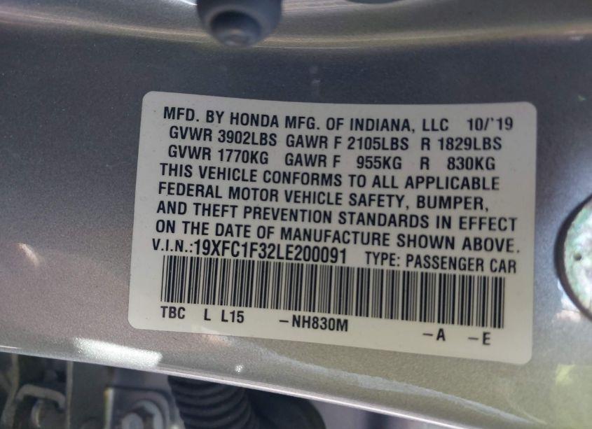 Photo 9 of 2020 Honda Civic EX (VIN 19XFC1F32LE200091)