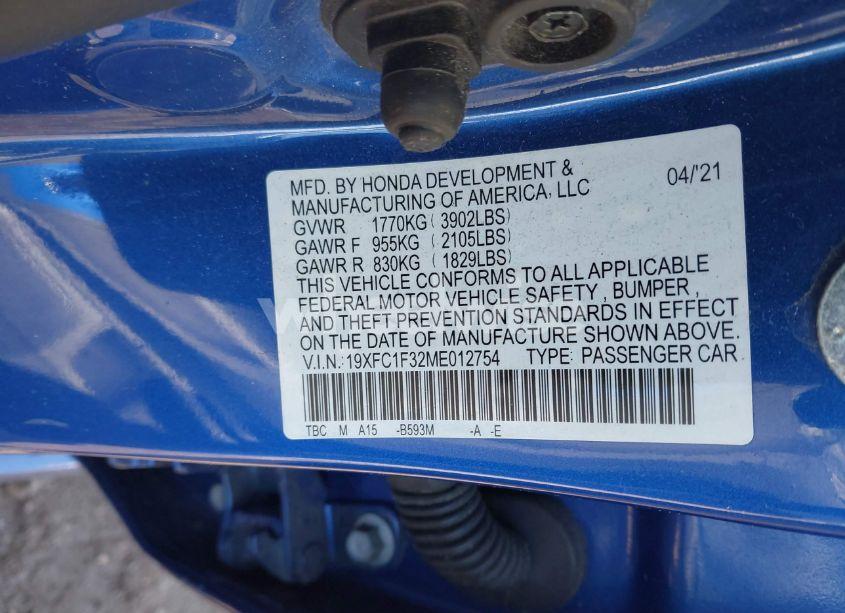 Photo 9 of 2021 Honda Civic EX (VIN 19XFC1F32ME012754)