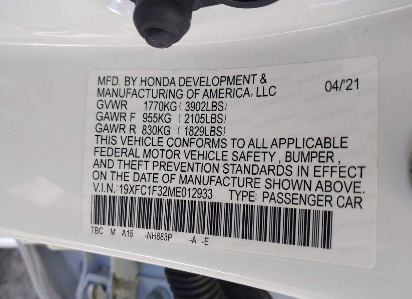 Photo 9 of 2021 Honda Civic EX (VIN 19XFC1F32ME012933)