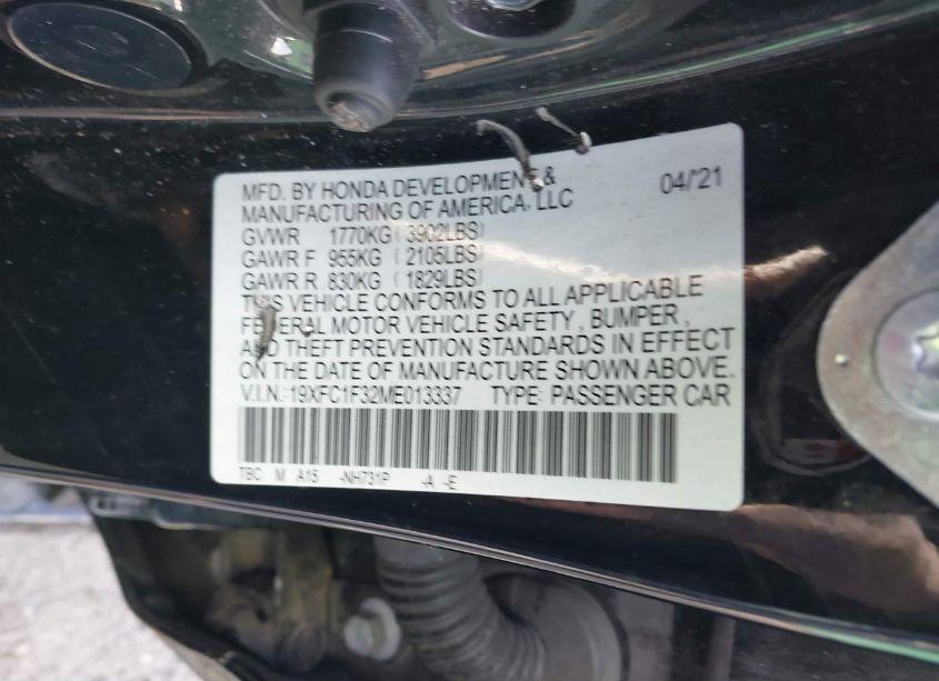 Photo 9 of 2021 Honda Civic EX (VIN 19XFC1F32ME013337)