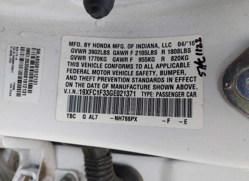 Photo 9 of 2016 Honda Civic EX-T (VIN 19XFC1F33GE021371)