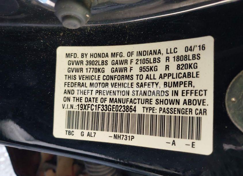 Photo 9 of 2016 Honda Civic EX-T (VIN 19XFC1F33GE023864)
