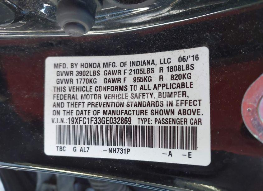 Photo 9 of 2016 Honda Civic EX-T (VIN 19XFC1F33GE032869)