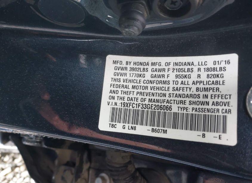 Photo 9 of 2016 Honda Civic EX-T (VIN 19XFC1F33GE206066)