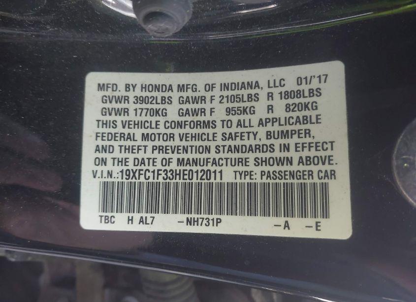 Photo 9 of 2017 Honda Civic EX-T (VIN 19XFC1F33HE012011)
