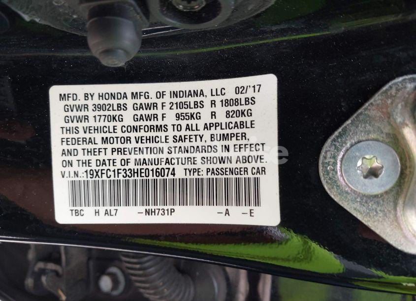 Photo 9 of 2017 Honda Civic EX-T (VIN 19XFC1F33HE016074)