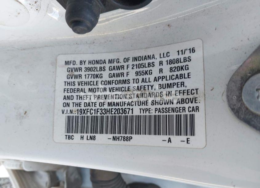 Photo 9 of 2017 Honda Civic EX-T (VIN 19XFC1F33HE203671)