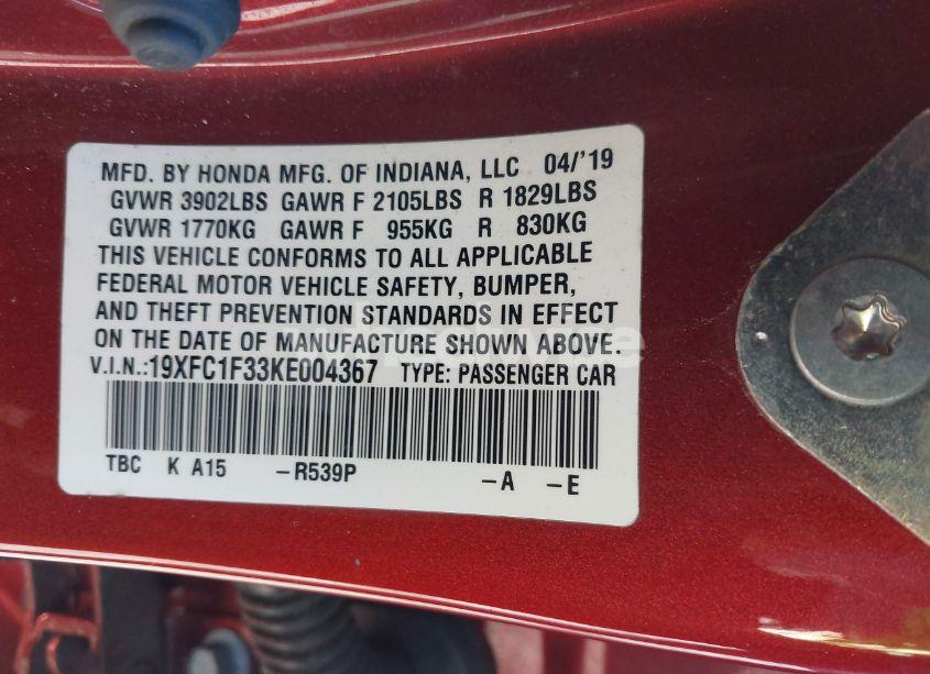 Photo 9 of 2019 Honda Civic EX (VIN 19XFC1F33KE004367)