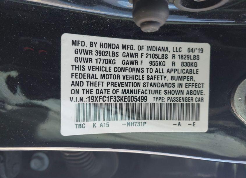 Photo 9 of 2019 Honda Civic EX (VIN 19XFC1F33KE005499)