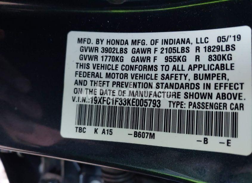 Photo 9 of 2019 Honda Civic EX (VIN 19XFC1F33KE005793)