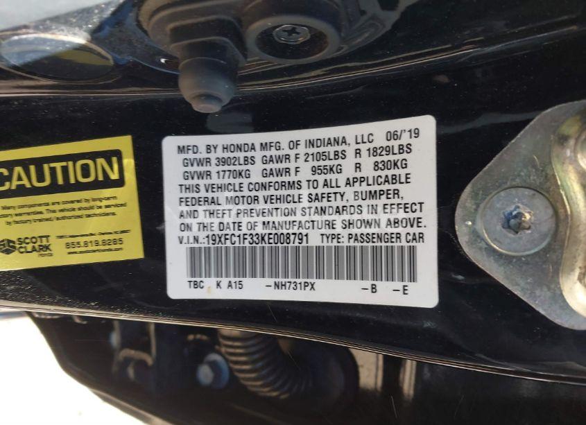 Photo 9 of 2019 Honda Civic EX (VIN 19XFC1F33KE008791)