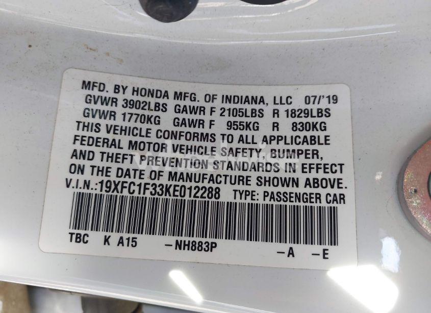 Photo 9 of 2019 Honda Civic EX (VIN 19XFC1F33KE012288)